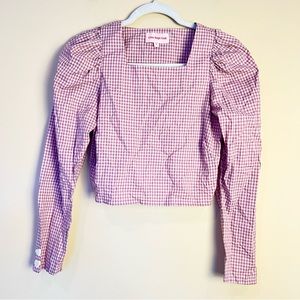 Lisa Says Gah Lavender Gingham Puff Sleeve Cropped Top